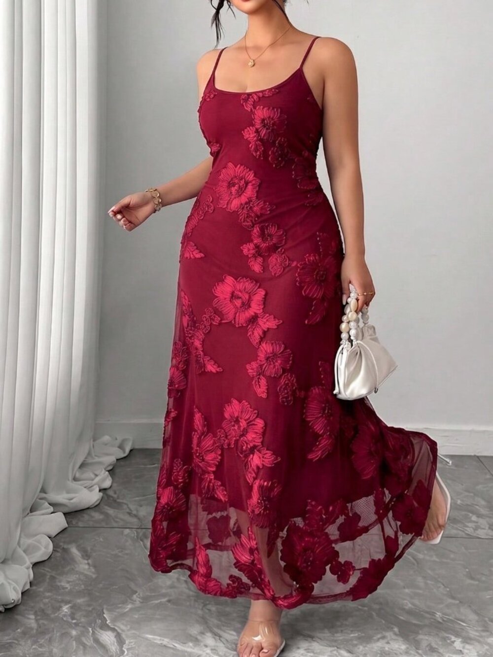 Burgundy Elegant Women's Plus Size Mesh Embroidered Dress